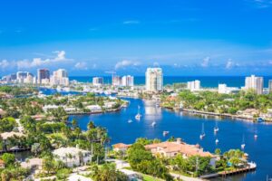 Aerial view of Fort Lauderdale waterways and skyline in Broward County, Florida