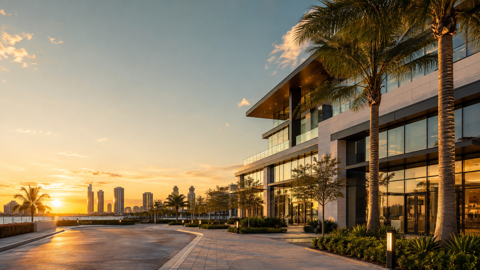 Modern South Florida commercial property at sunset with office and retail space