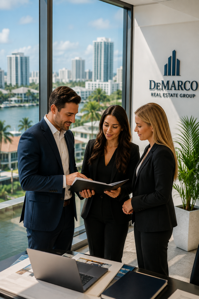 DeMarco Group real estate professionals reviewing property documents in a South Florida office