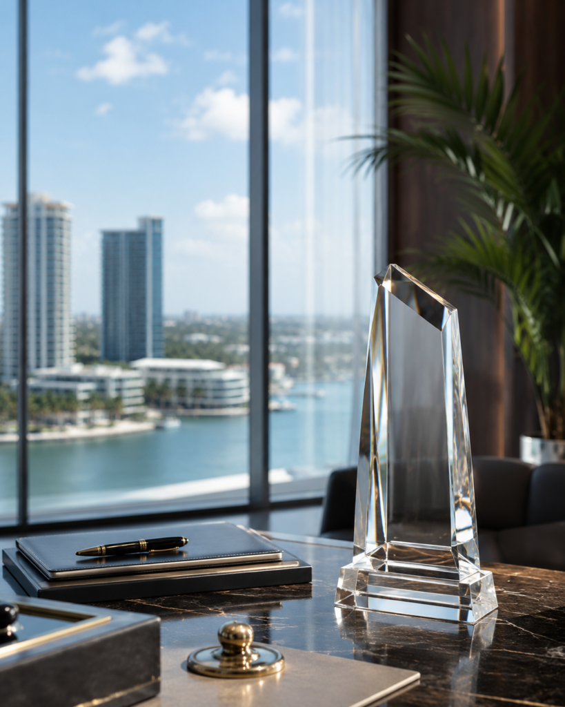 Crystal real estate achievement award in a South Florida waterfront office