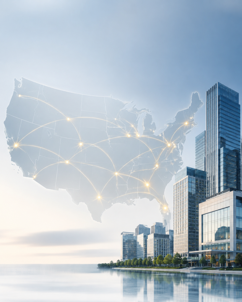 United States map with connected markets and modern commercial real estate buildings