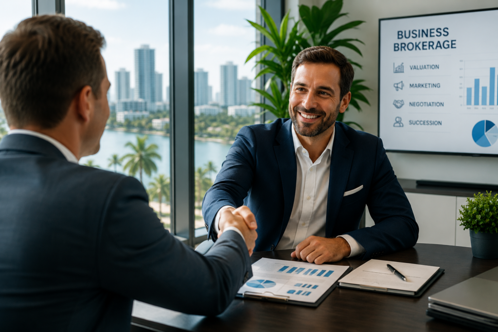 Business brokerage consultation between professionals in a South Florida office