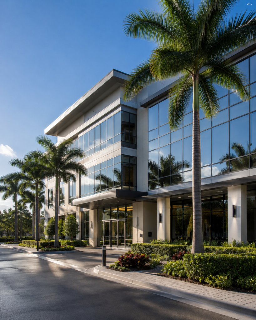 Modern South Florida commercial office building with glass windows and palm trees