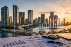 South Florida skyline with financial charts representing real estate investment and advisory services