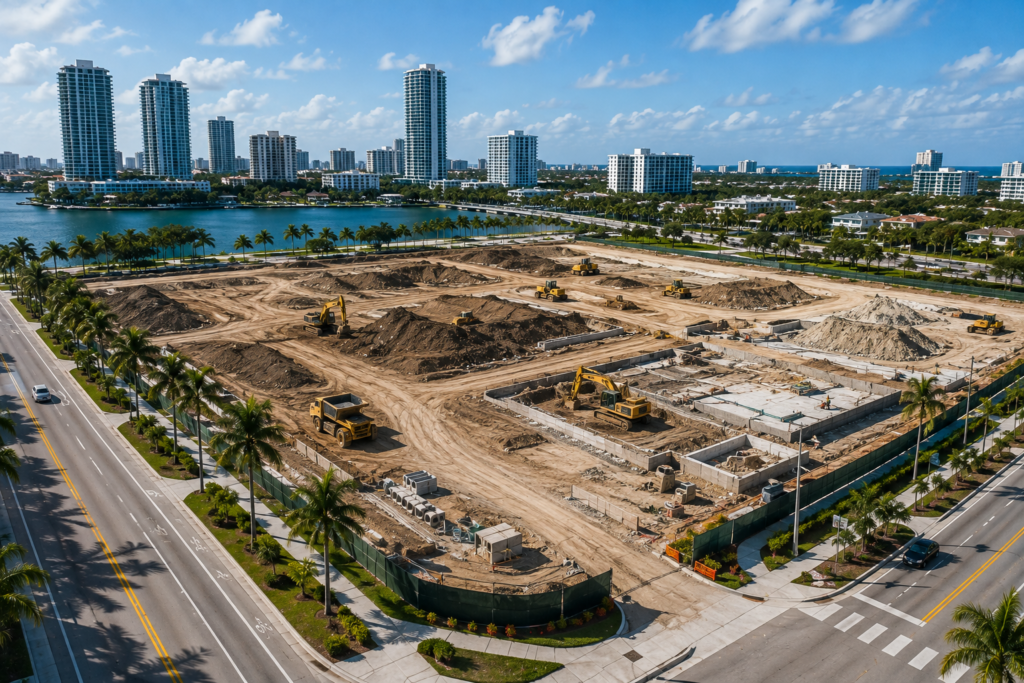 South Florida land development site with construction equipment and waterfront skyline