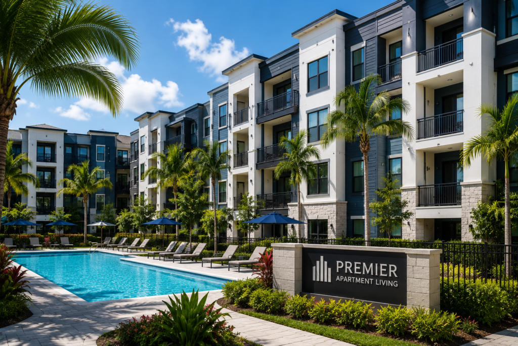 Modern South Florida multifamily apartment community with pool, balconies, and tropical landscaping