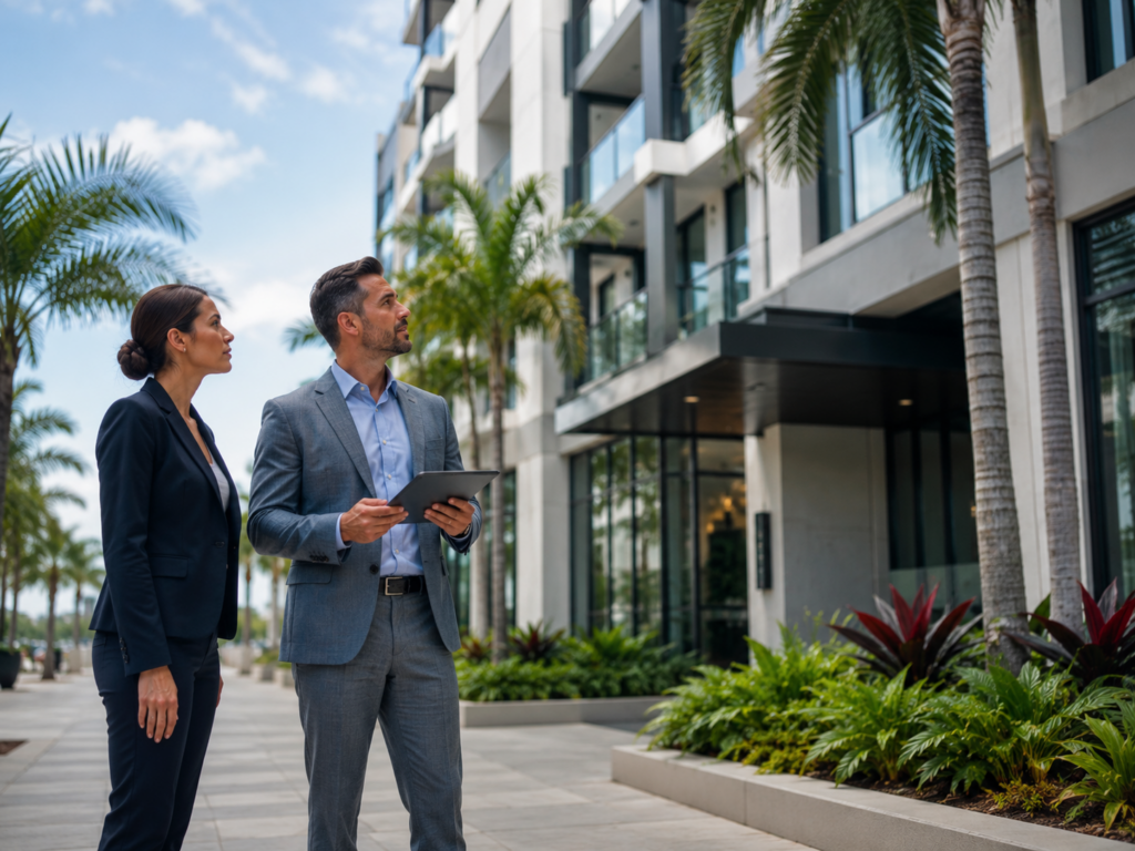 Property management professionals inspecting a modern South Florida residential building