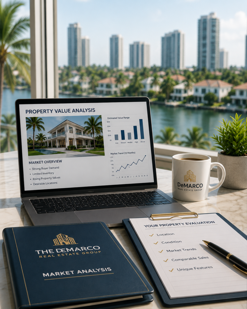 South Florida property valuation analysis displayed on a laptop with waterfront real estate in the background