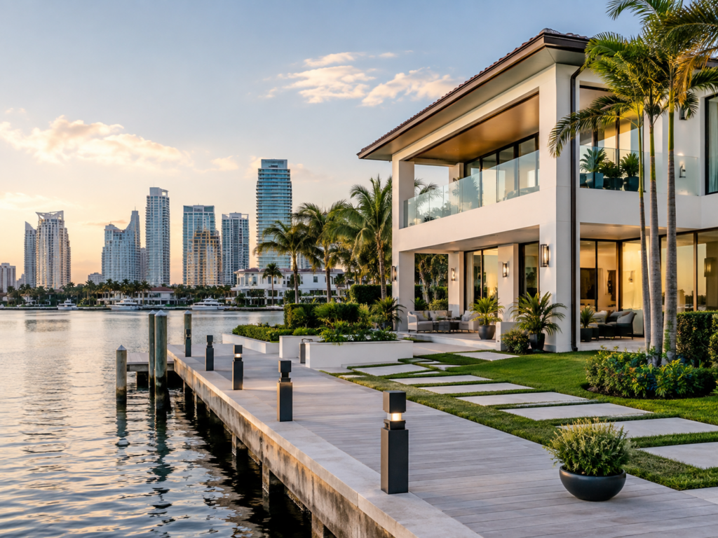 Luxury South Florida waterfront home with commercial skyline representing residential, commercial, and property management services