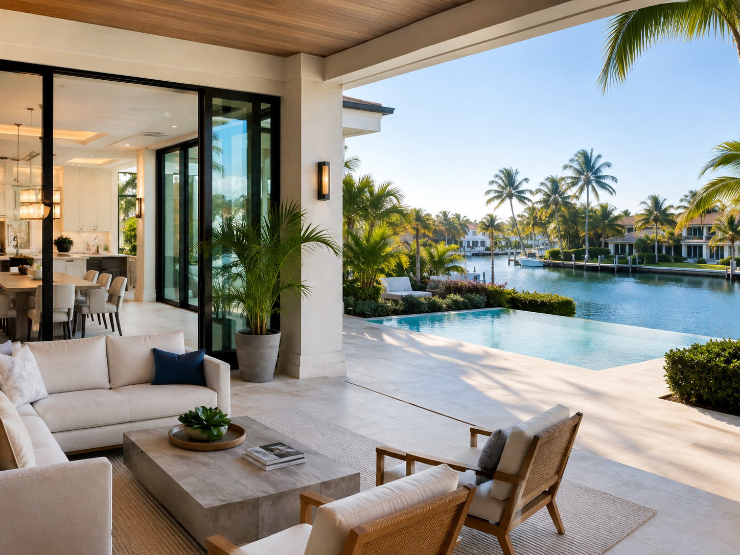 South Florida waterfront home interior with pool