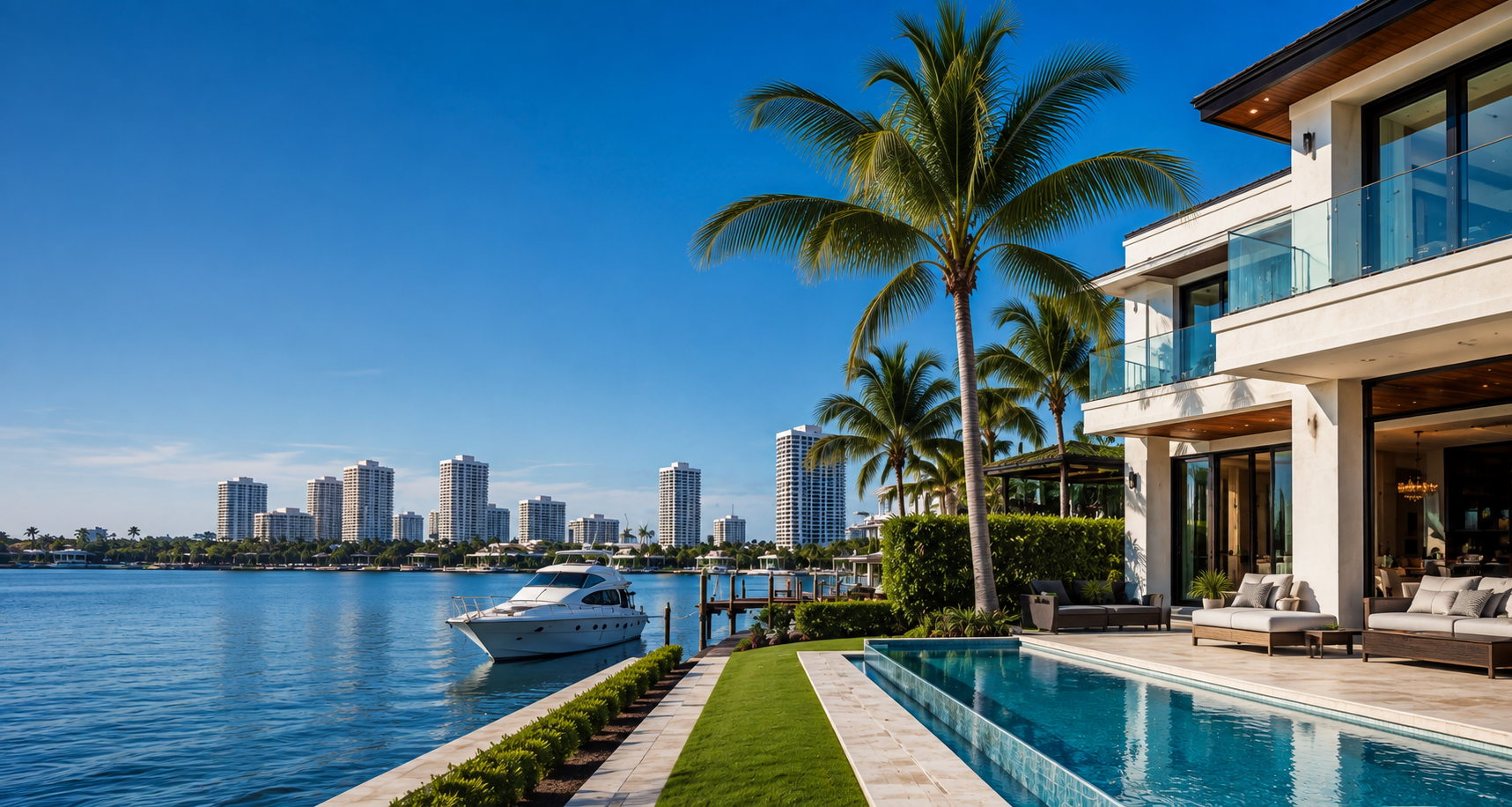 Luxury waterfront home with pool and yacht in South Florida