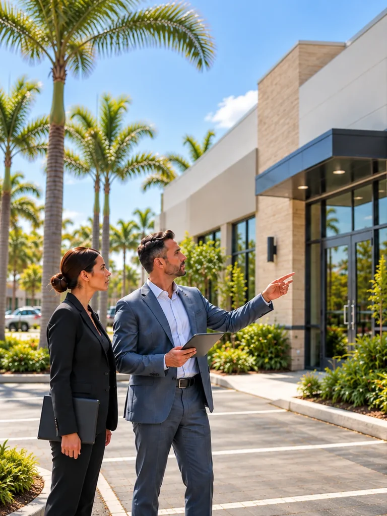 Property manager reviewing a commercial building with an owner in South Florida