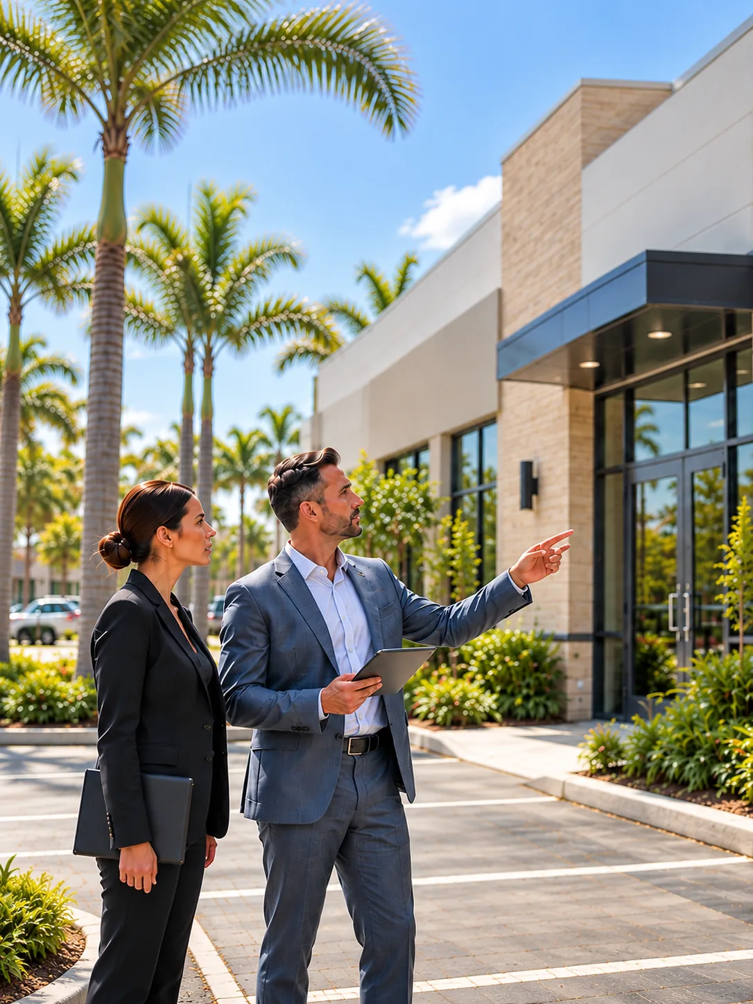 Property manager reviewing a commercial building with an owner in South Florida
