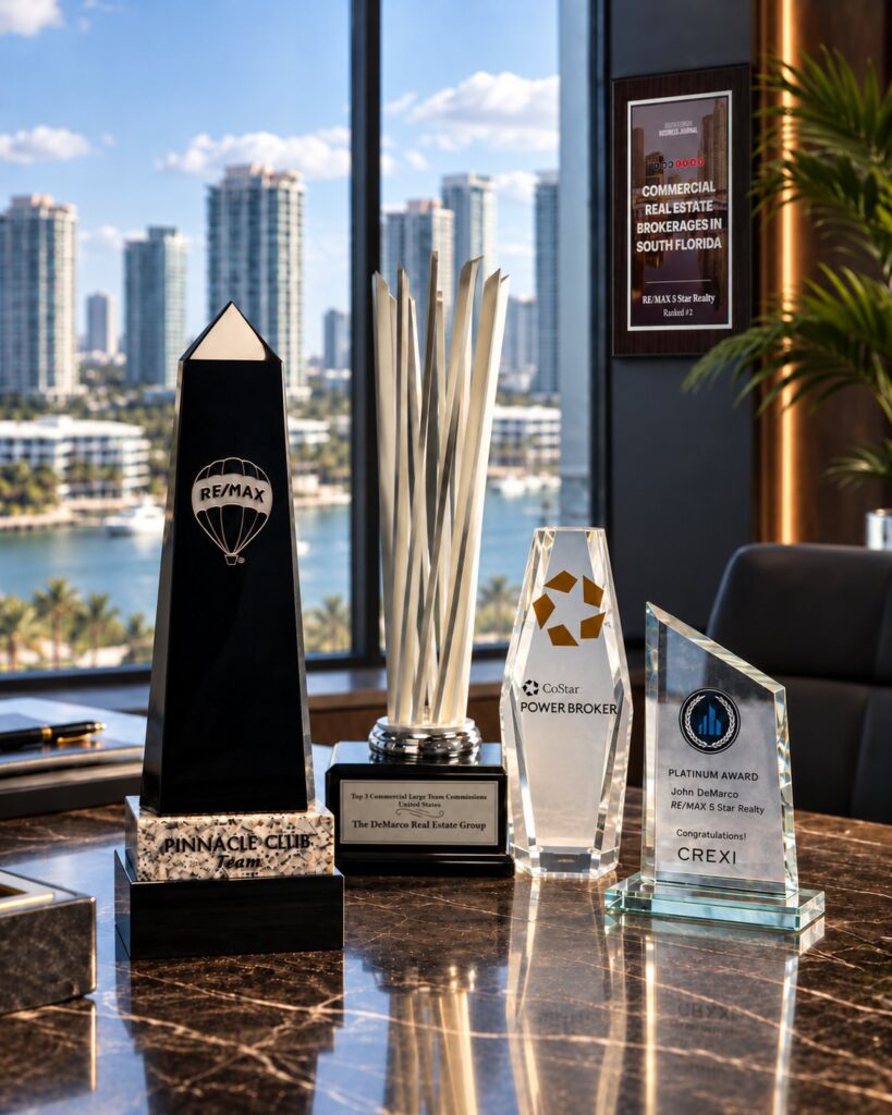 Awards earned by The DeMarco Real Estate Group at RE/MAX 5 Star Realty, including RE/MAX Pinnacle Club, Top 3 U.S. commercial team commissions, CoStar Power Broker, and CREXI Platinum